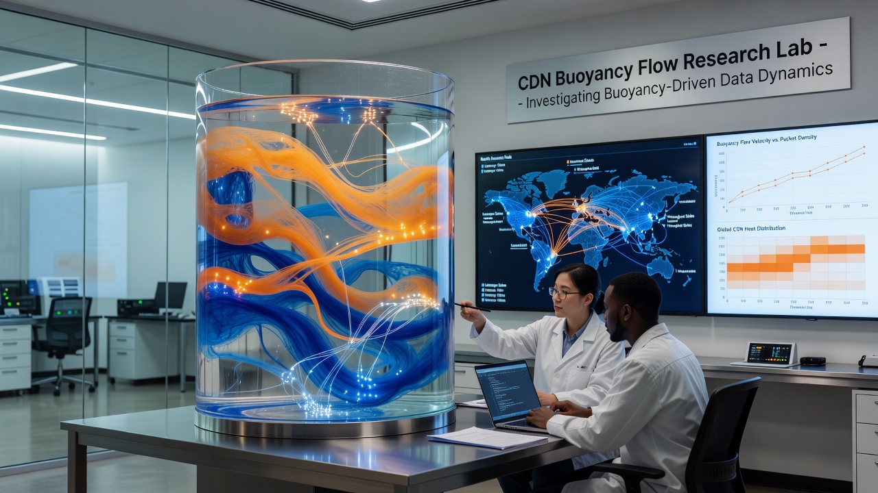 Detailed diagram of experimental setup measuring buoyancy effects on CDN traffic flow in a simulated data center environment