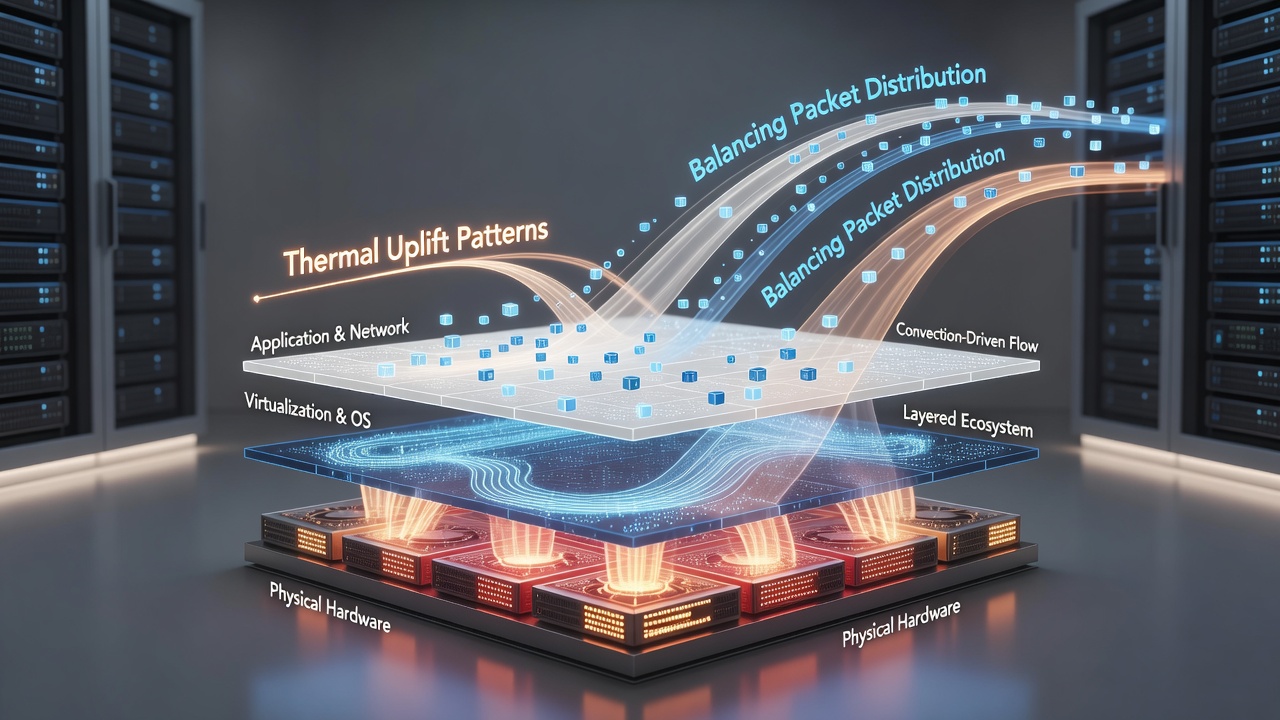 Visualization of packet flow adjustments across server layers in response to thermal gradients during fluctuating network loads